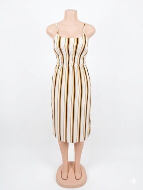 Striped Smocked Waist Midi Dress — White and Brown